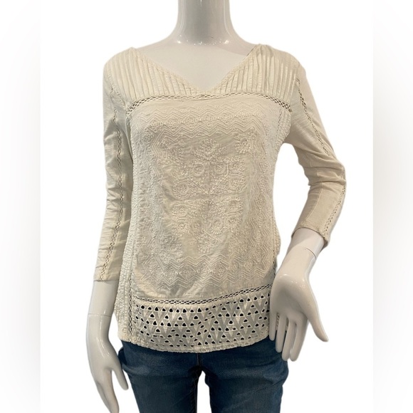 LUCKY Brand Cream Embroidered Crochet Button-Back Long Sleeve Knit Top X-Small - Picture 1 of 9